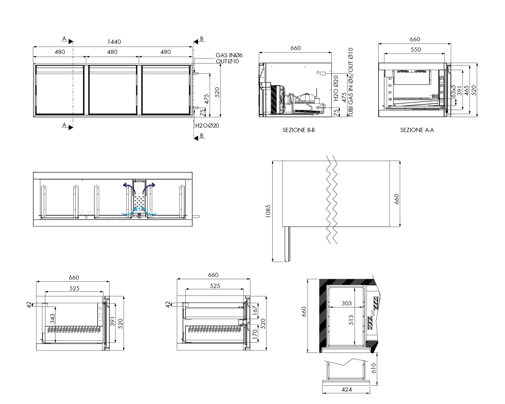 Tiefkühlunterbau GN Premium, 3 Türen, H 520 mm, ohne I-Fach – technische Zeichnung