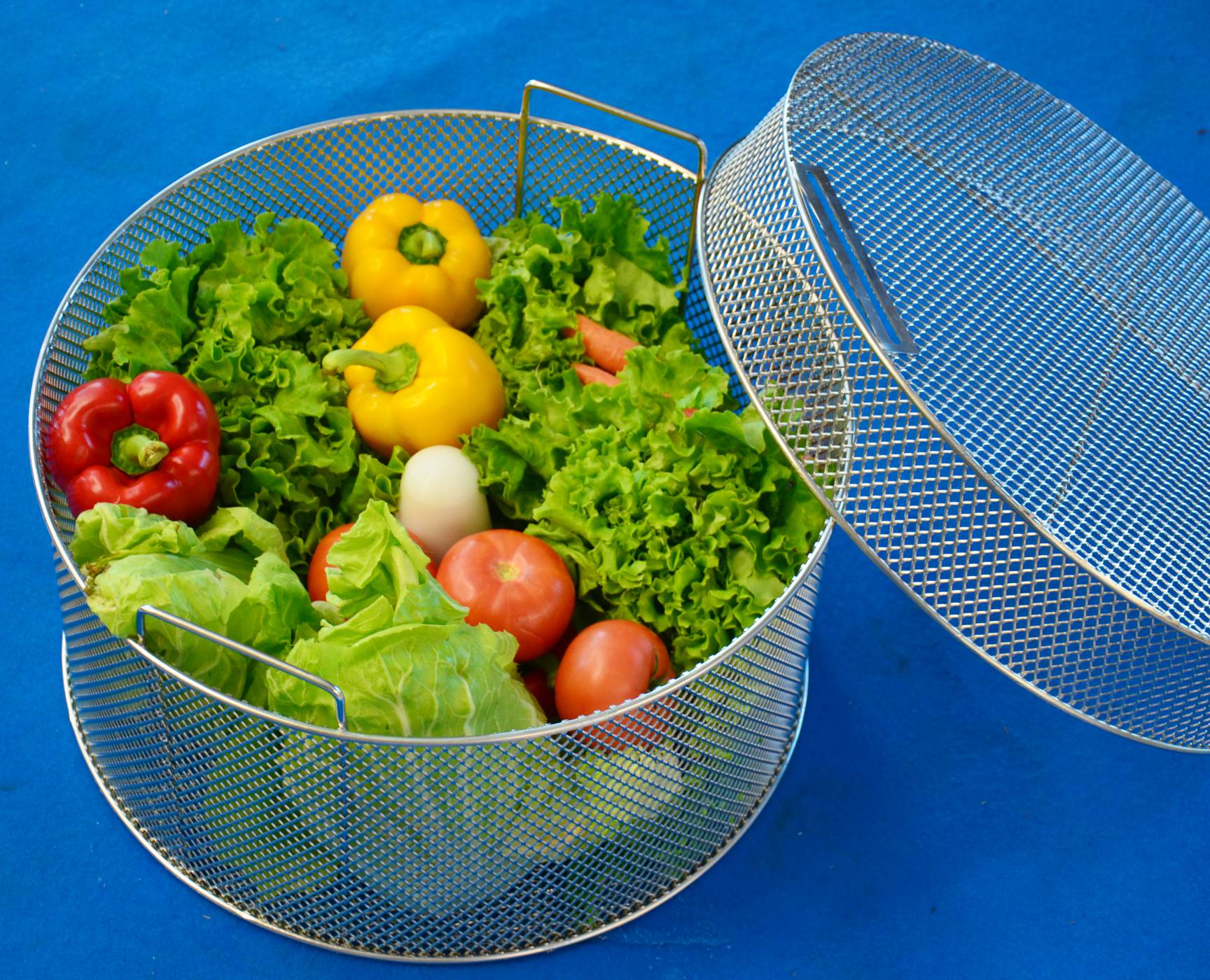 Edelstahlkorb mit Salat und Gemüse