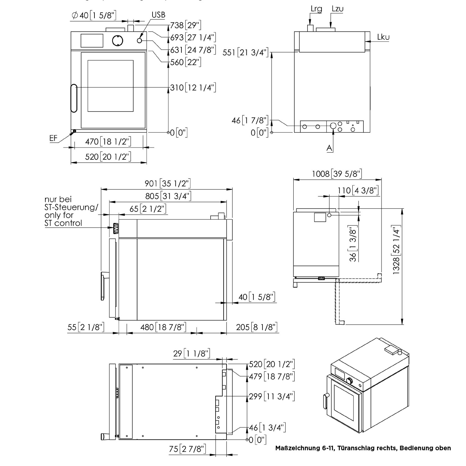 Eloma-Joker-Heissluftdmpfer-6-11-Bedienung Oben-Rechtsanschlag-Frischdampfsystem-Einbau-Edition-Serie-20-technische zeichnung