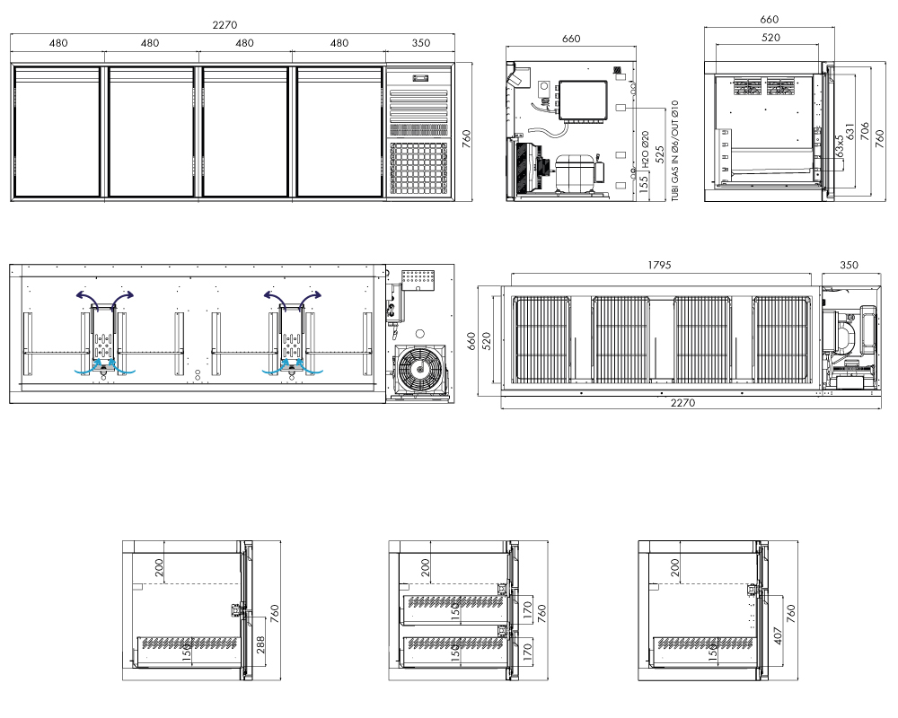 Saladette GN Premium, 4 Türen, H 750 mm, steckerfertig – technische Zeichnung