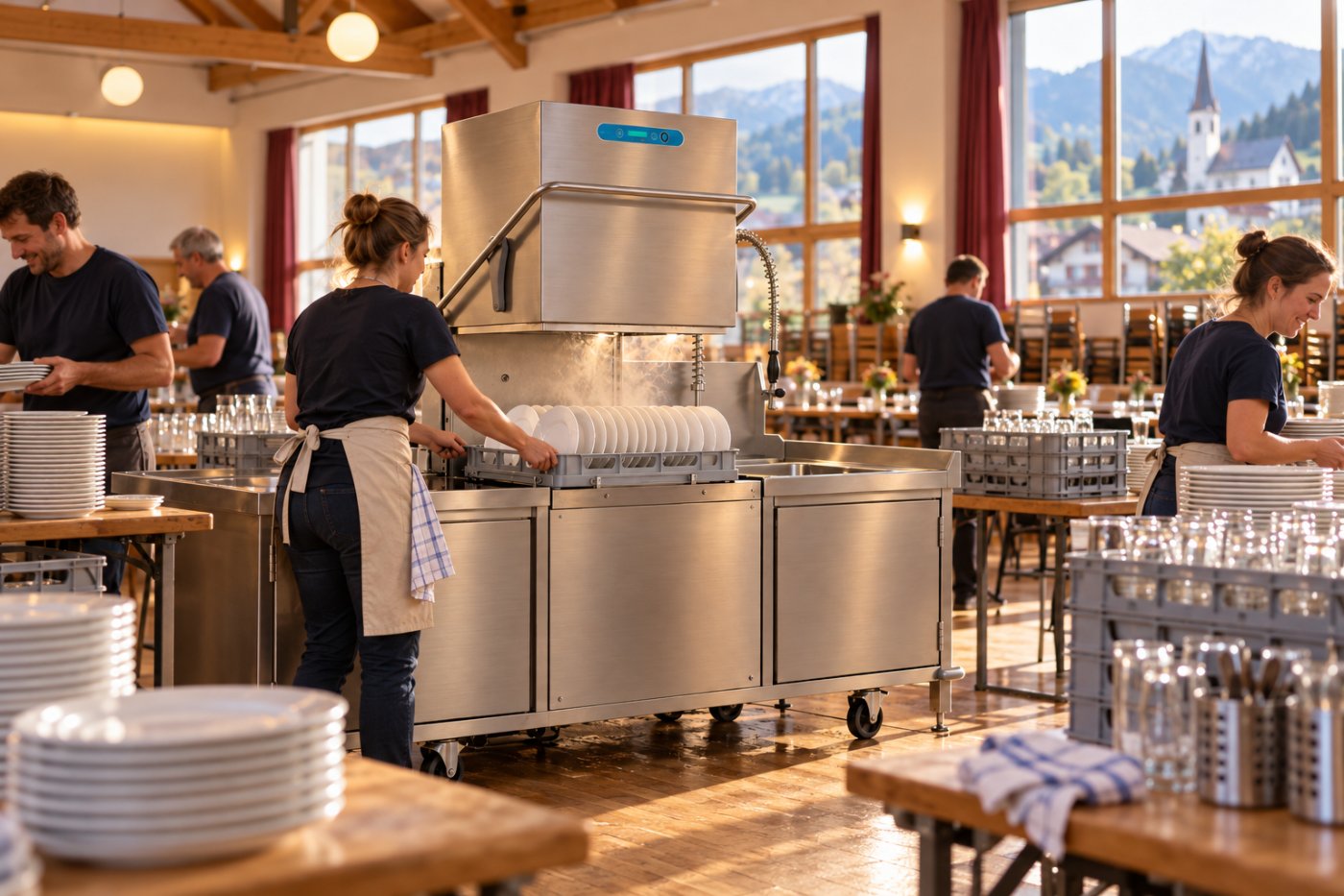 Vereinshelfer spülen mit dem Spülmobil in der Mehrzweckhalle