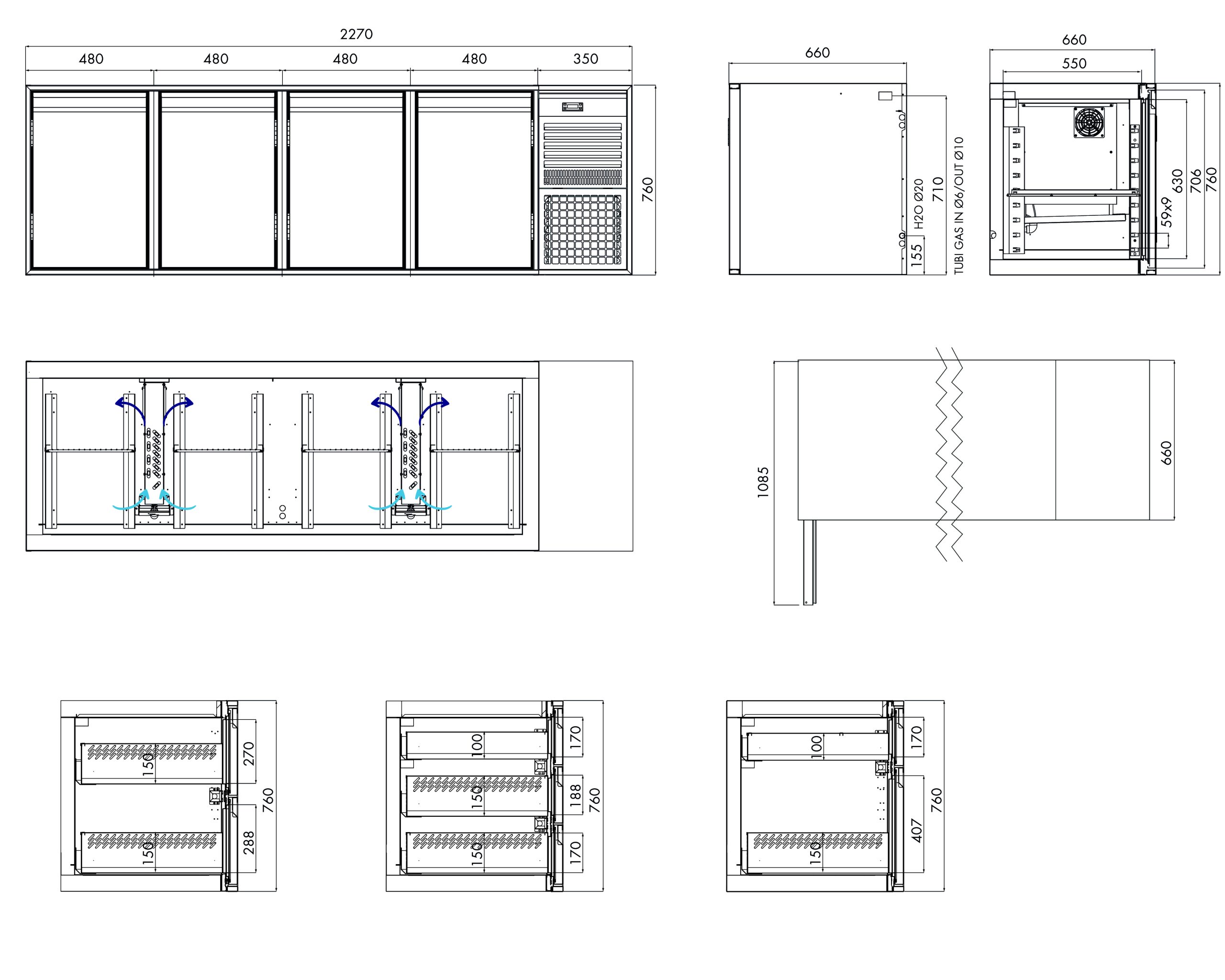 Tiefkühlunterbau GN Premium, 4 Türen, H 760 mm, steckerfertig – technische Zeichnung