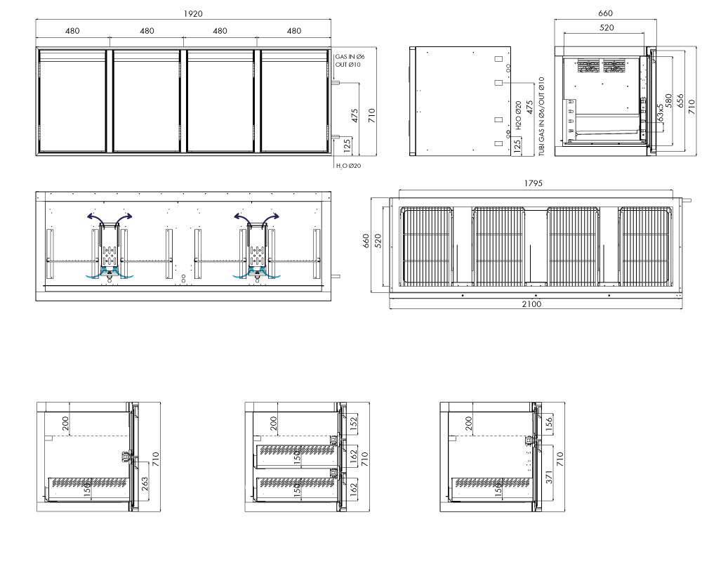 Saladette GN Premium, 4 Türen, H 700 mm, ohne I-Fach – technische Zeichnung