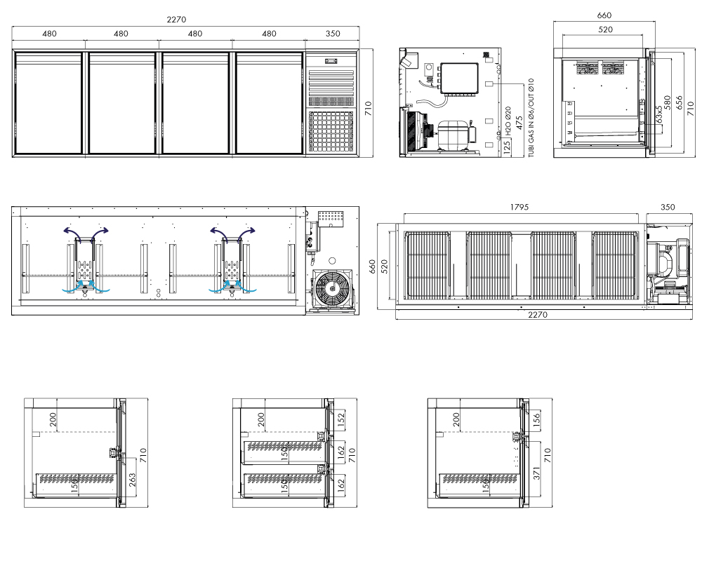Saladette GN Premium, 4 Türen, H 700 mm, steckerfertig – technische Zeichnung