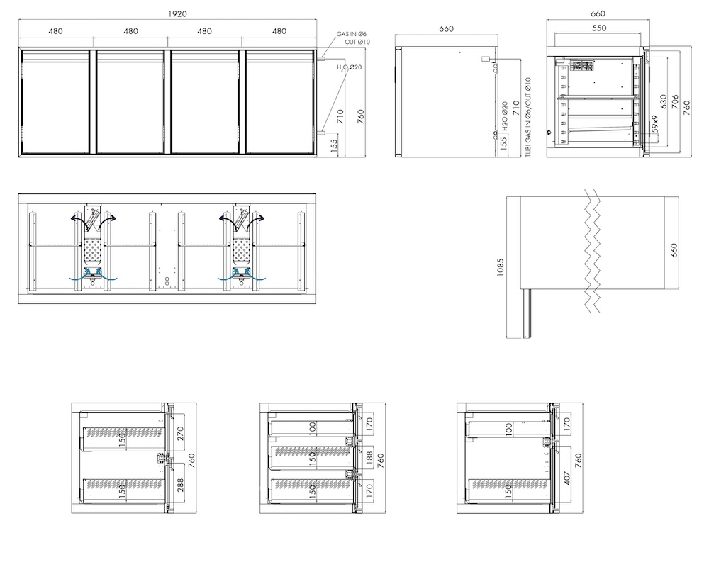 Kühlunterbau GN Premium, 4 Türen, H 760 mm, ohne I-Fach – technische Zeichnung