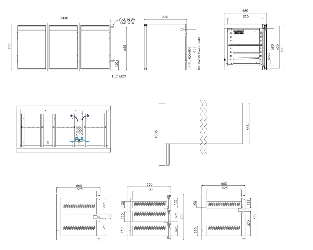 Kühlunterbau GN Premium, 3 Türen, H 700 mm, ohne I-Fach – technische Zeichnung