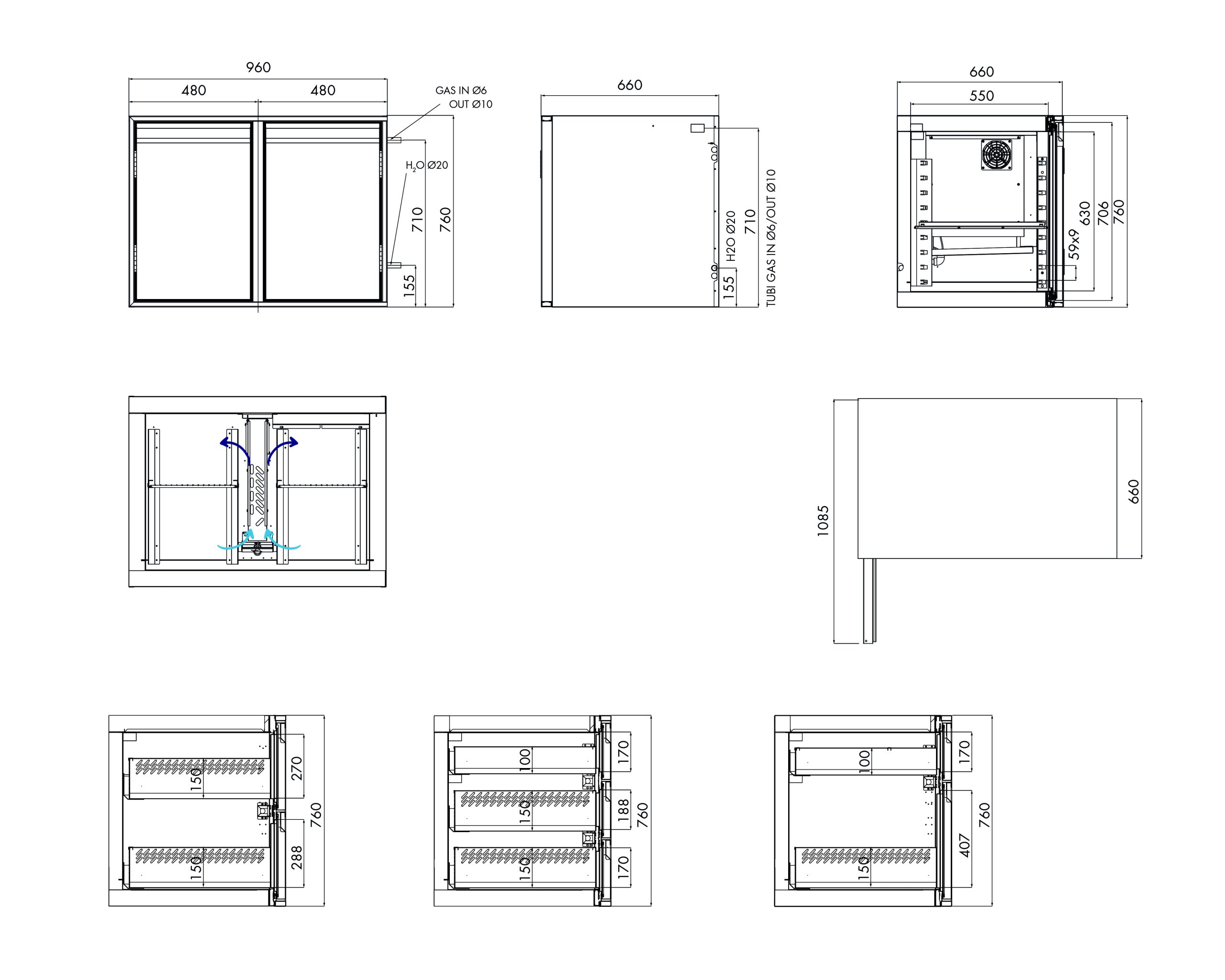 Tiefkühlunterbau GN Premium, 2 Türen, H 760 mm, ohne I-Fach – technische Zeichnung