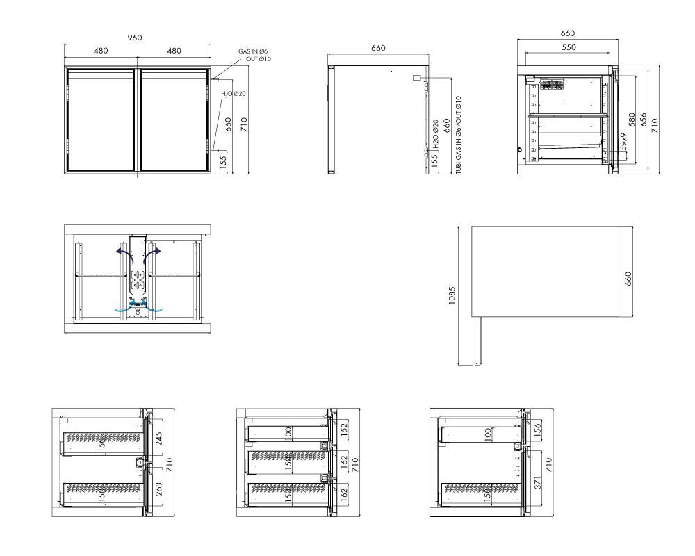 Kühlunterbau GN Premium, 2 Türen, H 710 mm, ohne I-Fach – technische Zeichnung