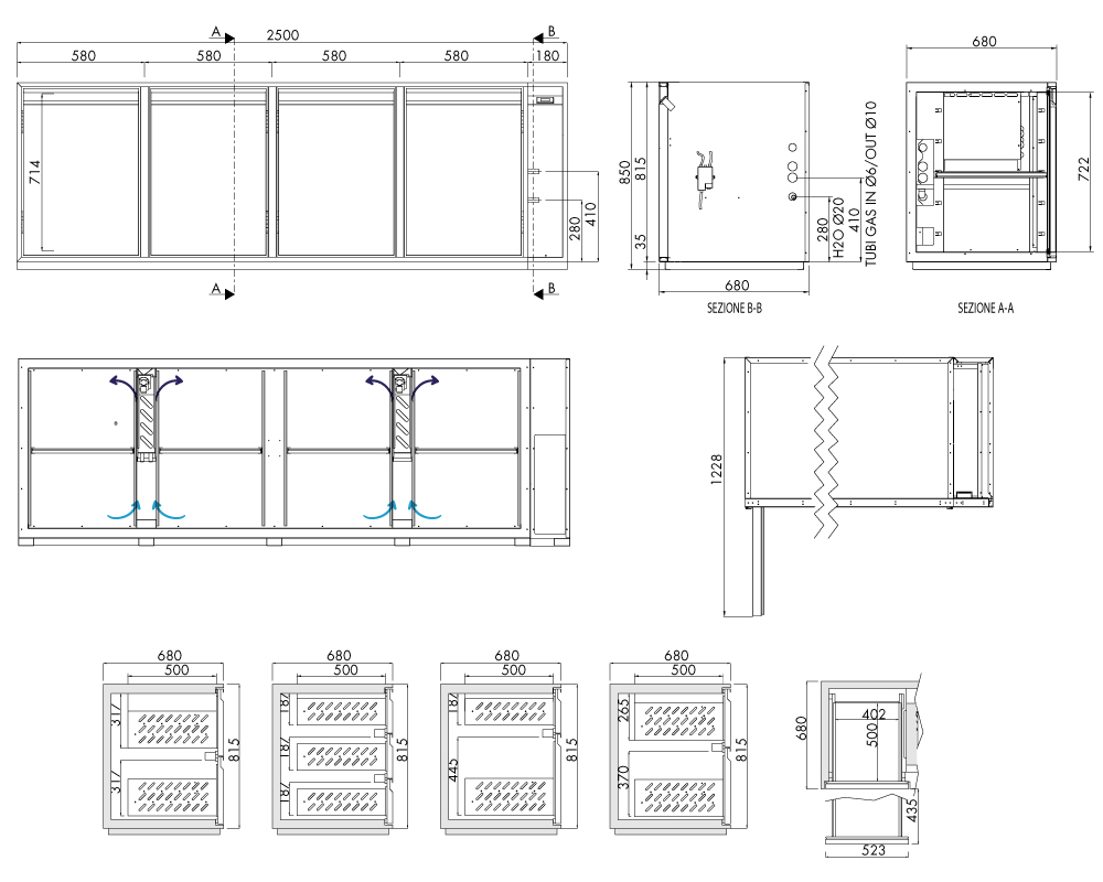 Getränkekühltisch AT, 4 Türen, H 815 × T 680 mm, zentralgekühlt – technische Zeichnung