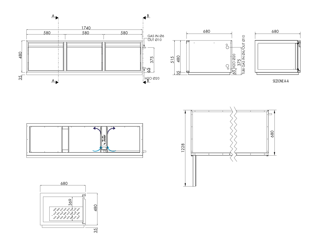 Getränkekühltisch AT, 3 Türen, H 480 × T 680 mm, ohne I-Fach – technische Zeichnung