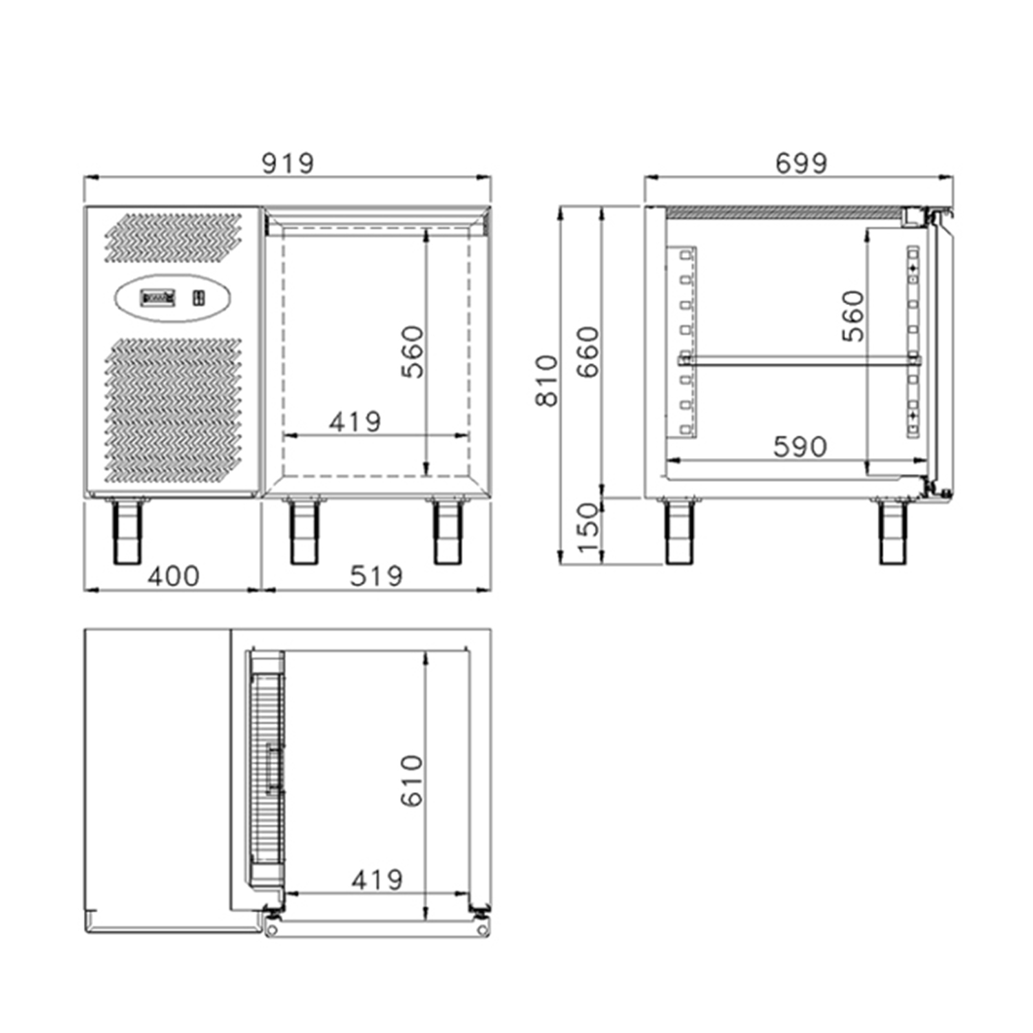 Technische Zeichnung zu Kühltisch DAIQUIRI Top Line GN 1/1, B 920  x T 700 x H 850 mm, 1 Kühlfach, ohne Arbeitsplatte