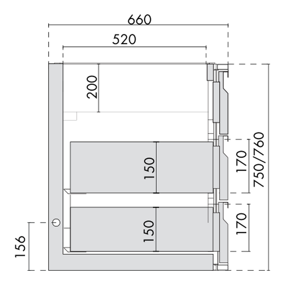 Ladenmodul 1/3-1/3-1/3 Saladette GN Premium, Korpushöhe 750/760 mm
