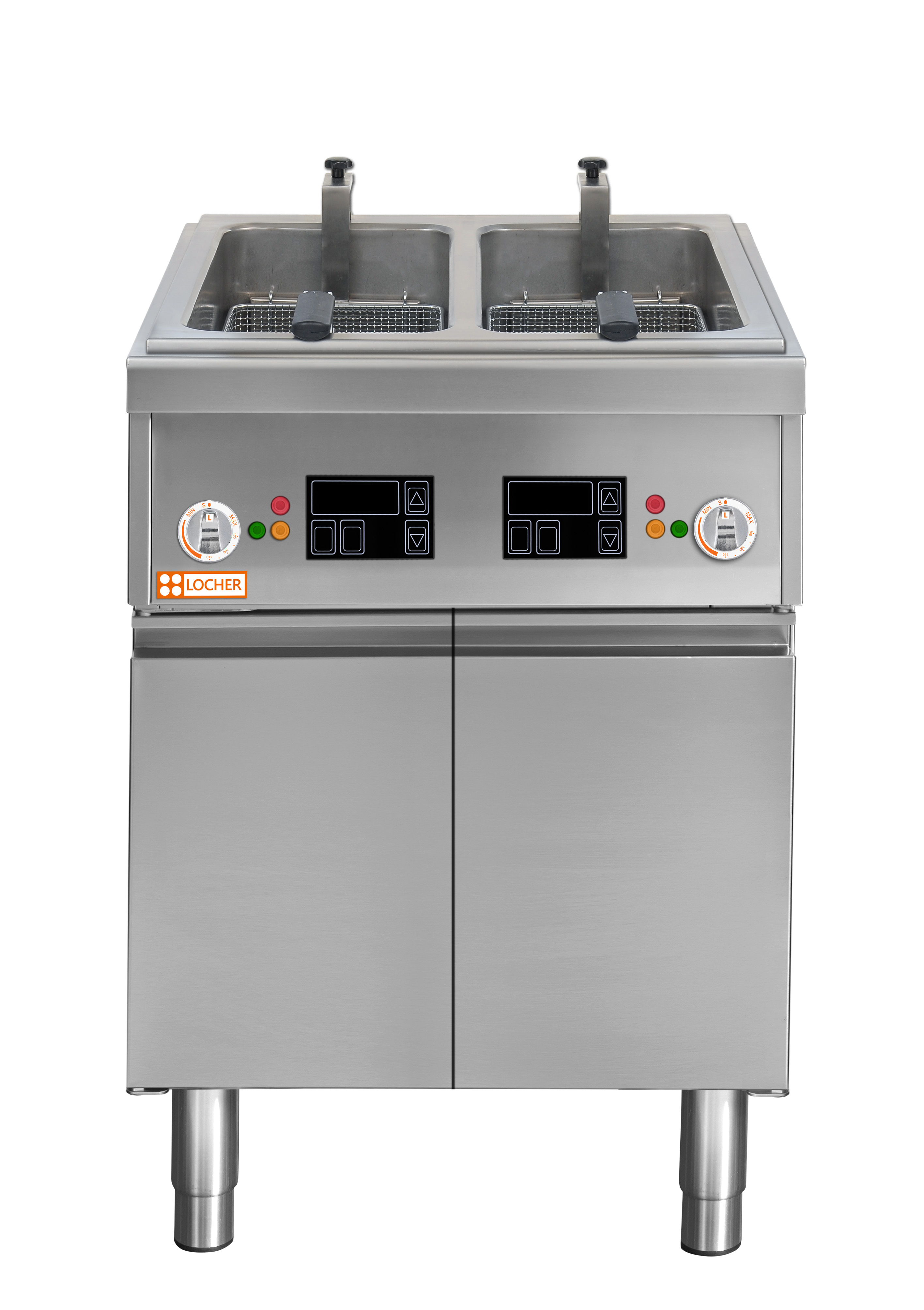 Locher Elektro-Fritteuse Power Stand 700, 2 Becken à 13 Liter mit Korbhebeautomatik, 600 mm