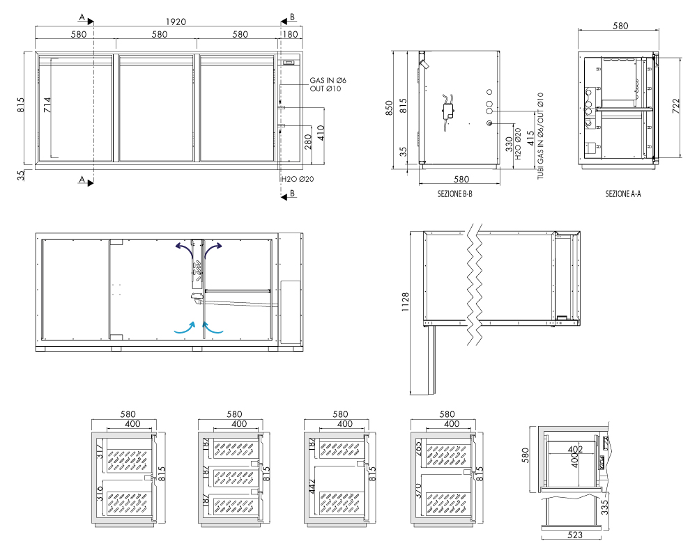 Getränkekühltisch AT, 3 Türen, H 815 × T 580 mm, zentralgekühlt – technische Zeichnung