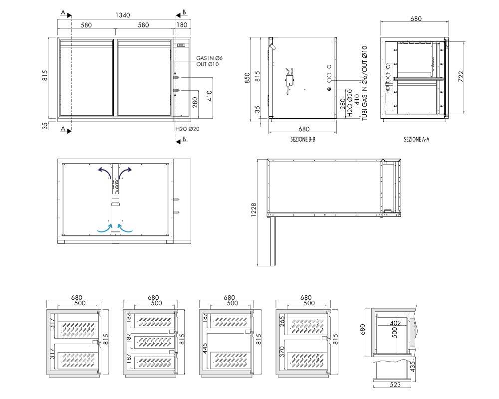 Getränkekühltisch AT, 2 Türen, H 815 × T 680 mm, zentralgekühlt – technische Zeichnung