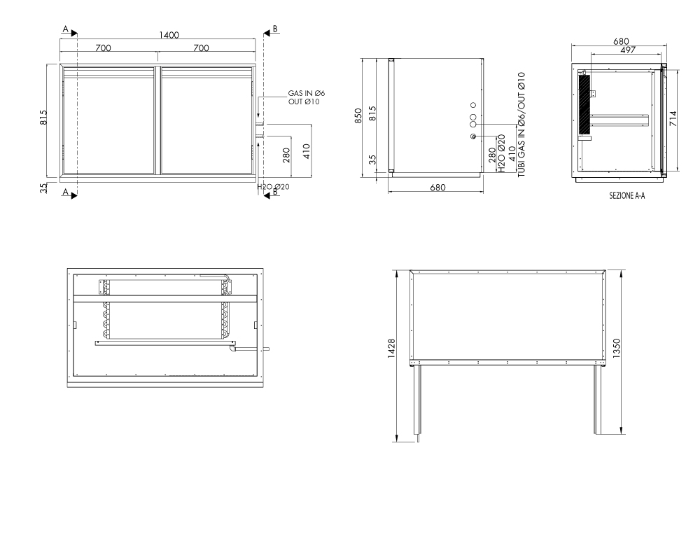 Fasskühltisch AT, 2 Fächer, H 815 × T 680 mm, ohne I-Fach – technische Zeichnung