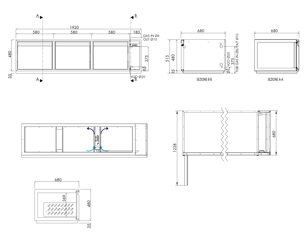 Getränkekühltisch AT, 3 Türen, H 480 × T 680 mm, zentralgekühlt – technische Zeichnung