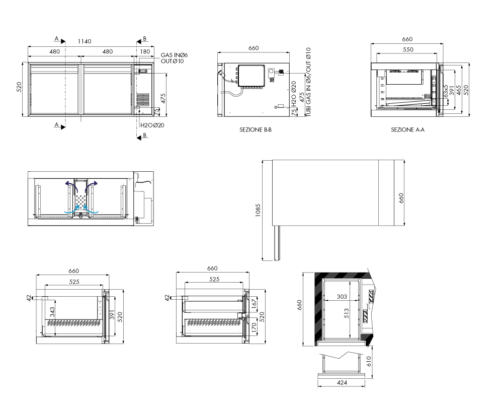 Tiefkühlunterbau GN Premium, 2 Türen, H 520 mm, zentralgekühlt – technische Zeichnung