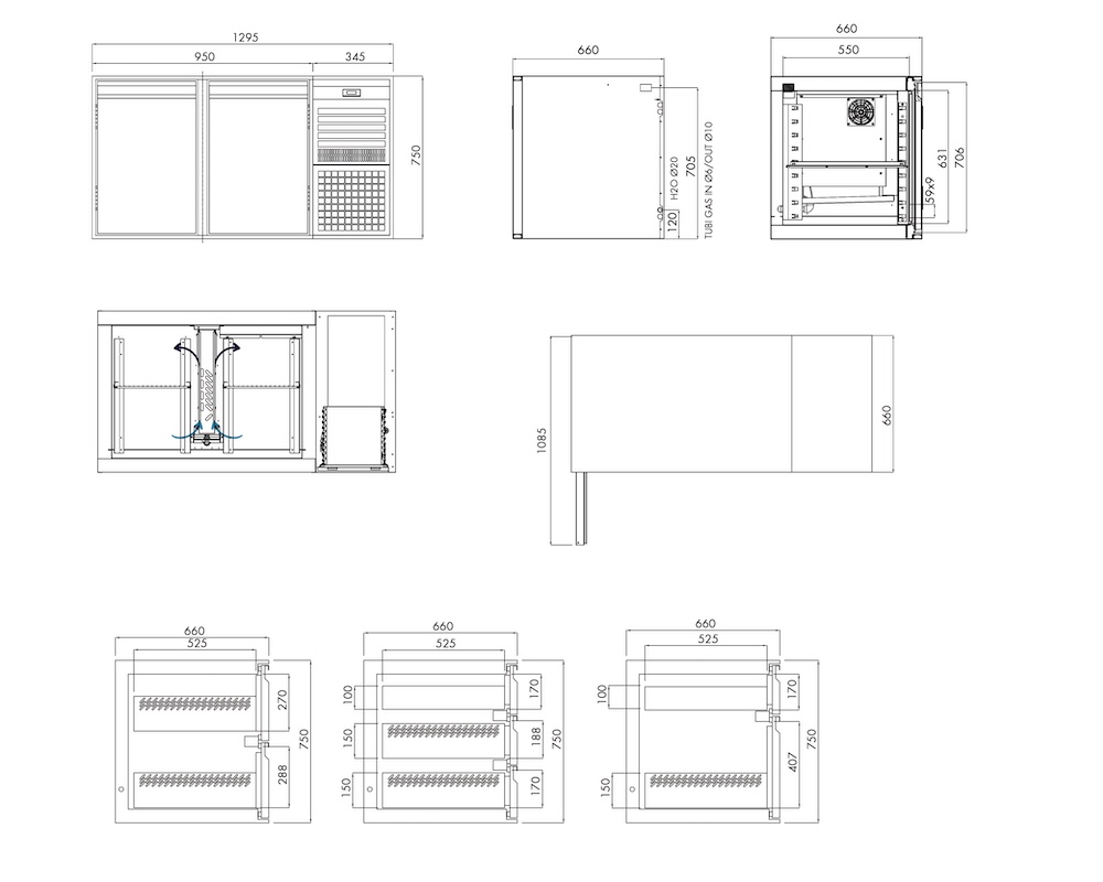 Tiefkühlunterbau GN Premium, 2 Türen, H 750 mm, steckerfertig – technische Zeichnung