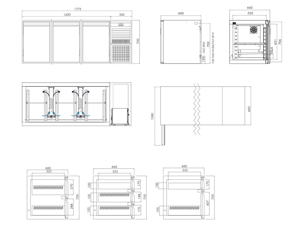 Tiefkühlunterbau GN Premium, 3 Türen, H 750 mm, steckerfertig – technische Zeichnung