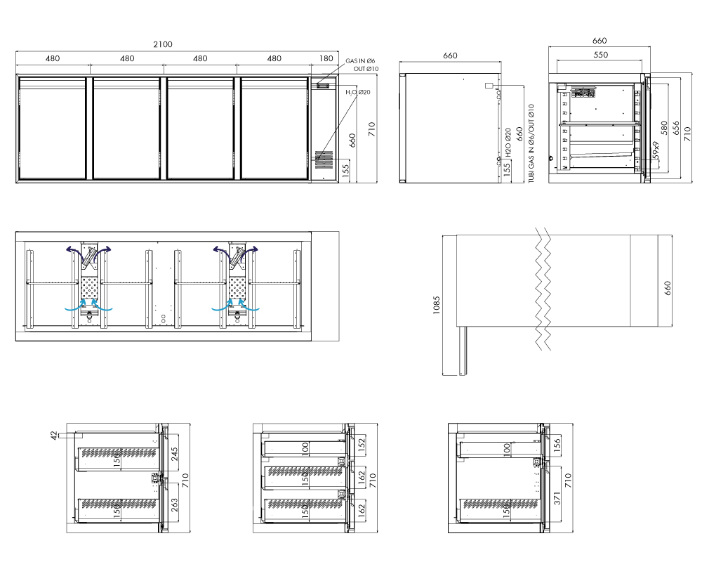 Kühlunterbau GN Premium, 4 Türen, H 710 mm, zentralgekühlt – technische Zeichnung