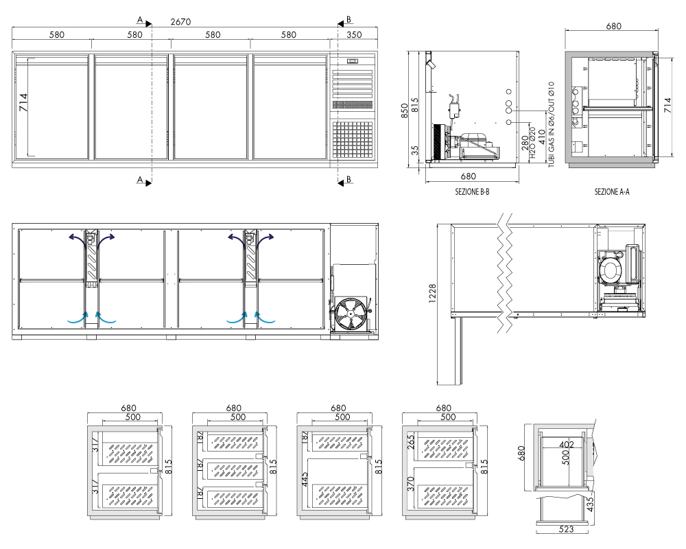 Getränkekühltisch AT, 4 Türen, H 815 × T 680 mm, steckerfertig – technische Zeichnung