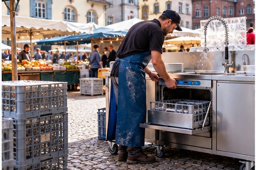 Spülmobil am Marktstand für Kisten und Bleche