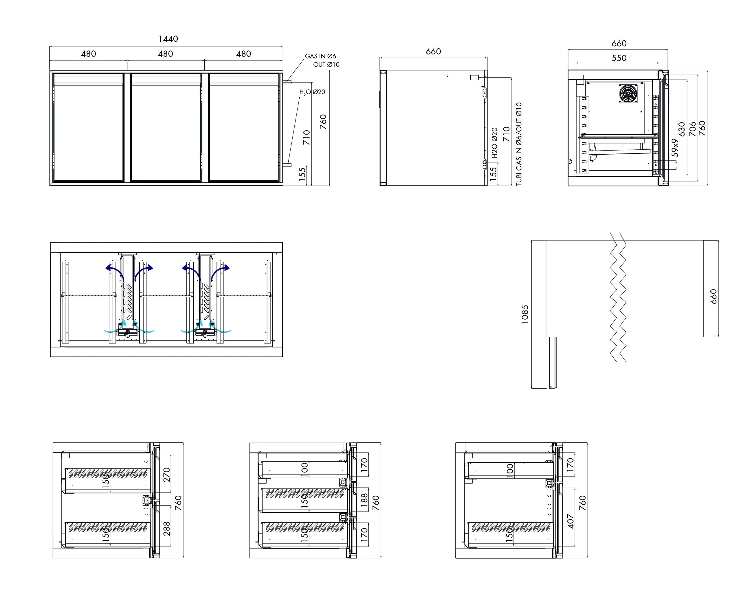 Tiefkühlunterbau GN Premium, 3 Türen, H 760 mm, ohne I-Fach – technische Zeichnung