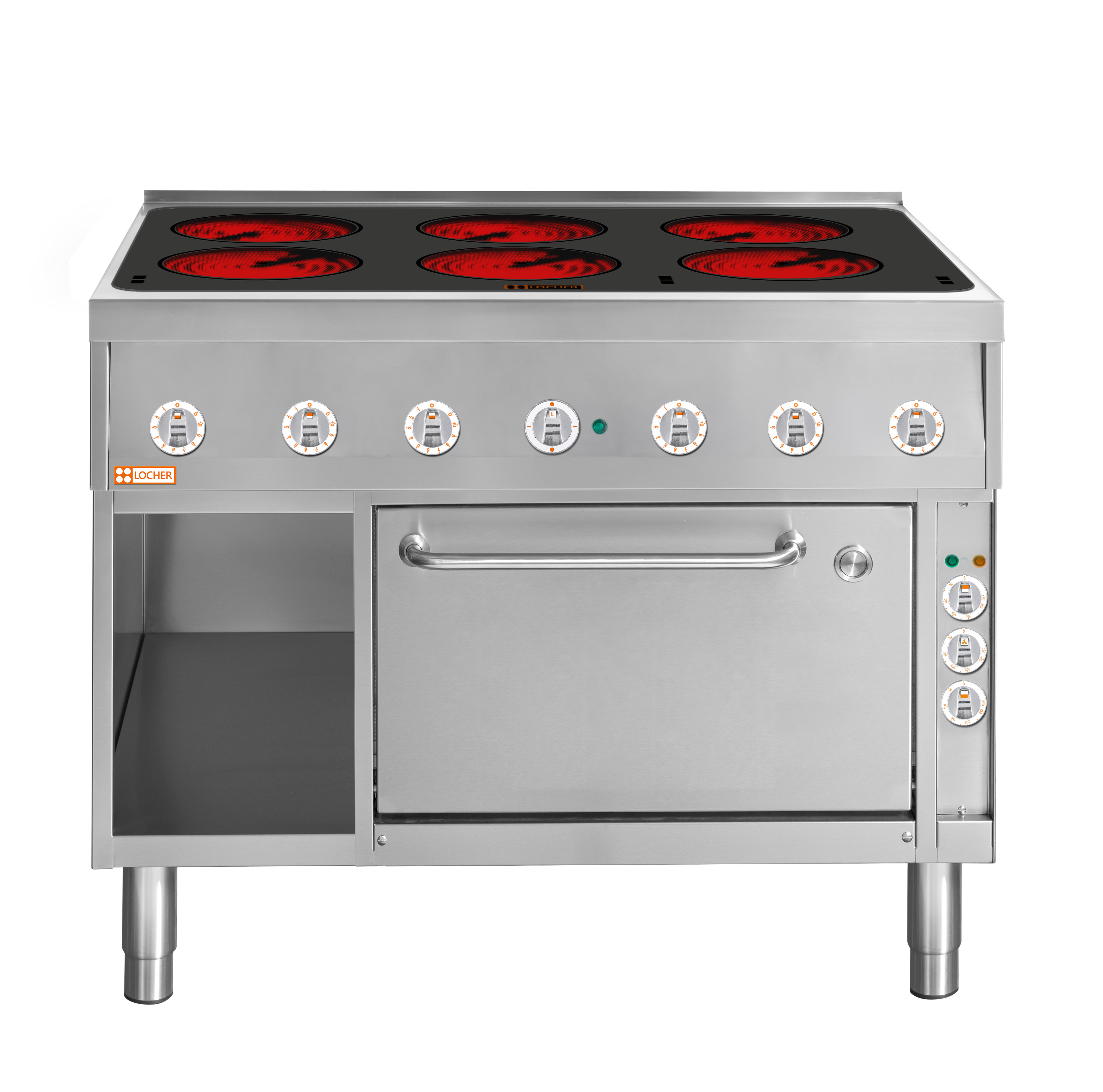 Locher Elektroherd Stand 700, 6 Kochstellen à 3 kW Strahlheizkörper mit Brat- und Backofen GN 1/1+