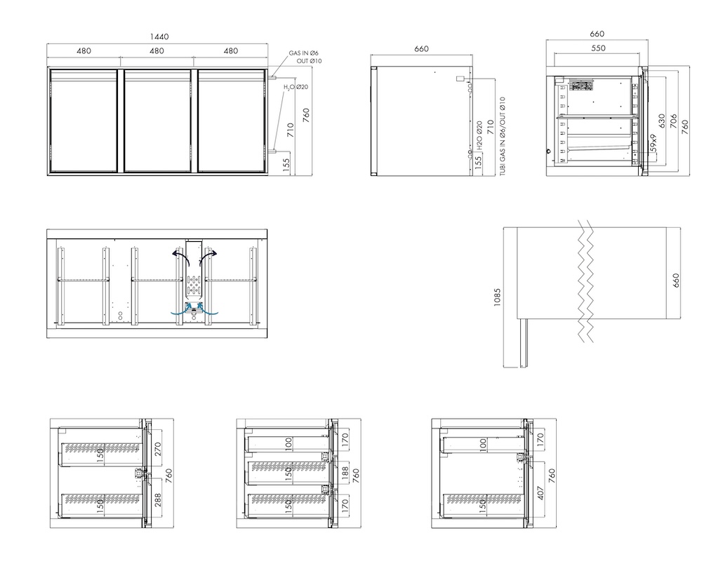 Kühlunterbau GN Premium, 3 Türen, H 760 mm, ohne I-Fach – technische Zeichnung