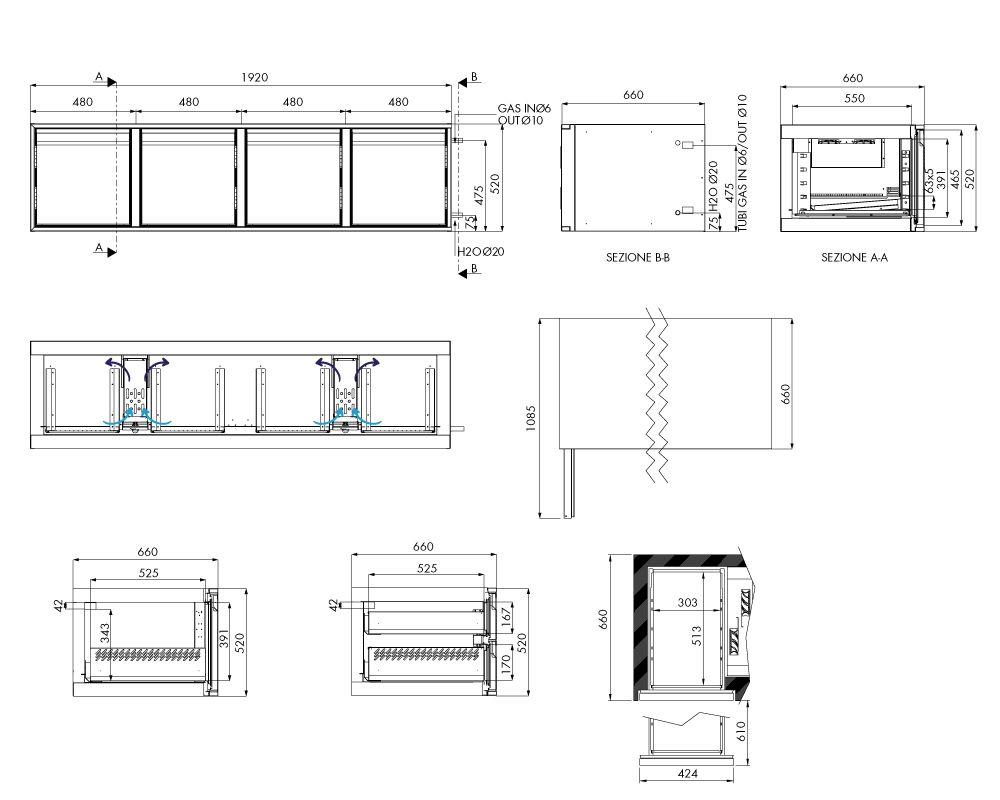Tiefkühlunterbau GN Premium, 4 Türen, H 520 mm, ohne I-Fach – technische Zeichnung