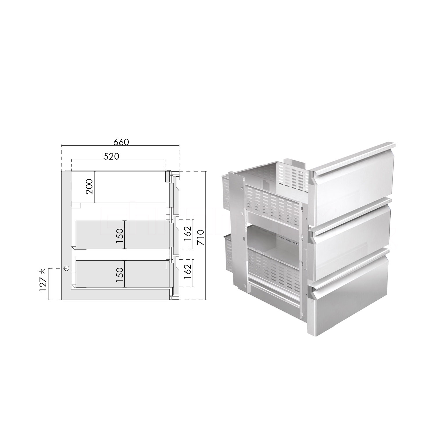 Technische Zeichnung zu Schubladenmodul 1/3 - 1/3 - 1/3 zu Saladette, H710