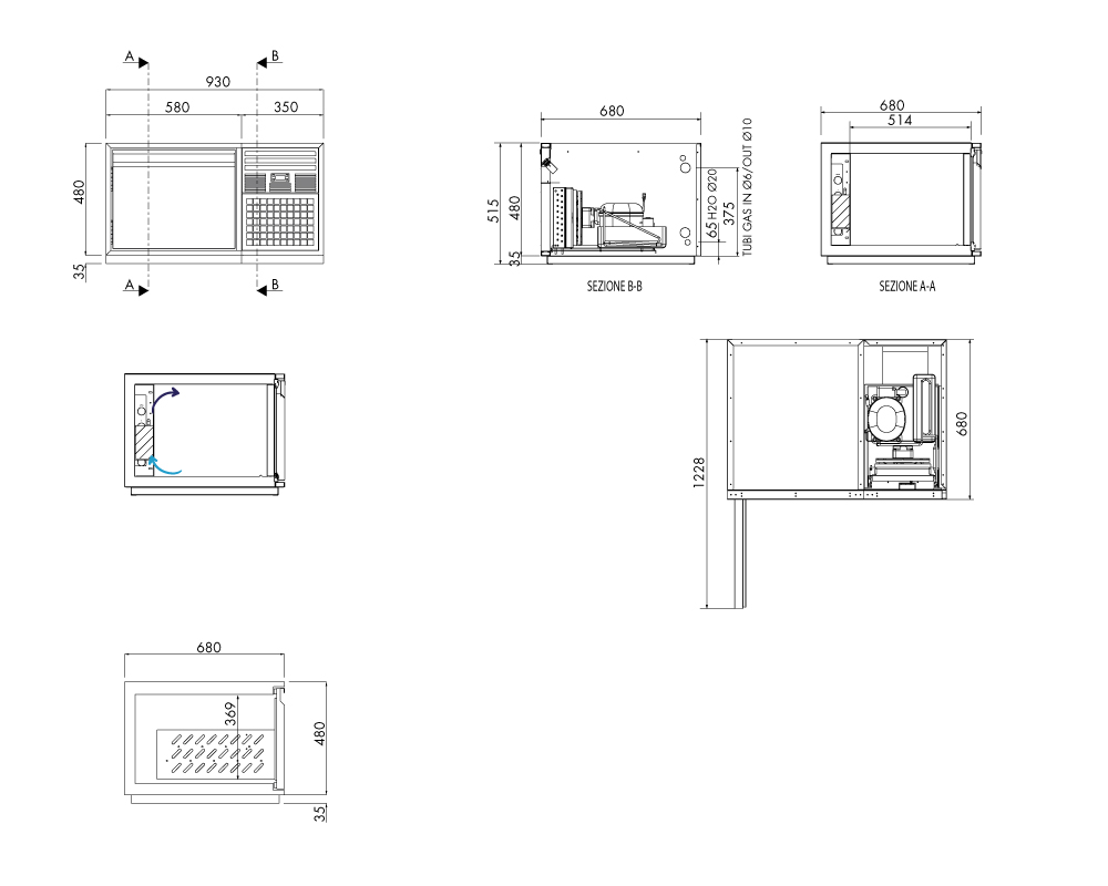 Getränkekühltisch AT, 1 Tür, H 480 × T 680 mm, steckerfertig – technische Zeichnung