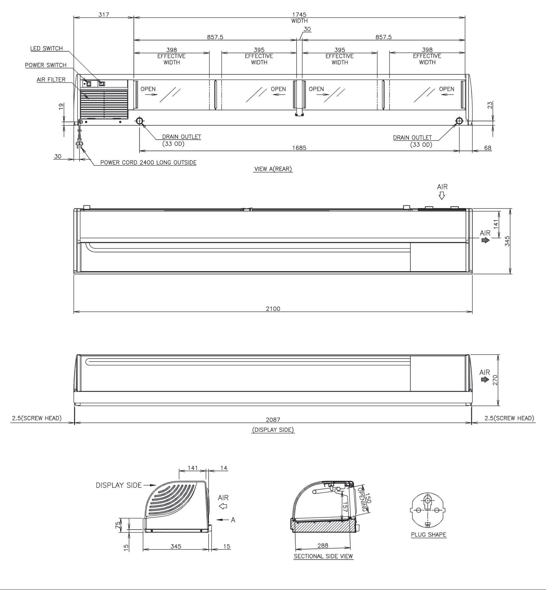 Sushi-Schauvitrine HOSHIZAKI HNC-210BE-R-BLH, 2100 mm breit, LED, Maschinenfach rechts