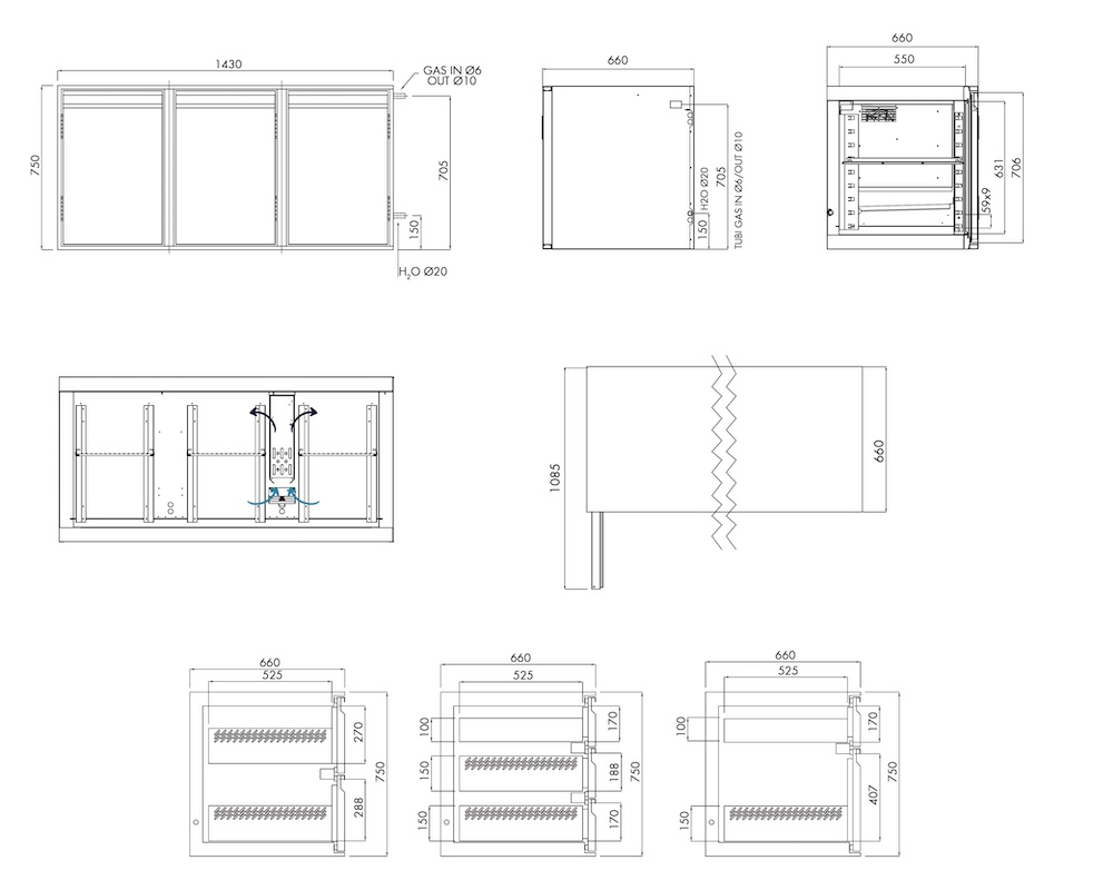 Kühlunterbau GN Premium, 3 Türen, H 750 mm, ohne I-Fach – technische Zeichnung