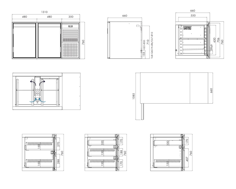 Kühlunterbau GN Premium, 2 Türen, H 760 mm, steckerfertig – technische Zeichnung