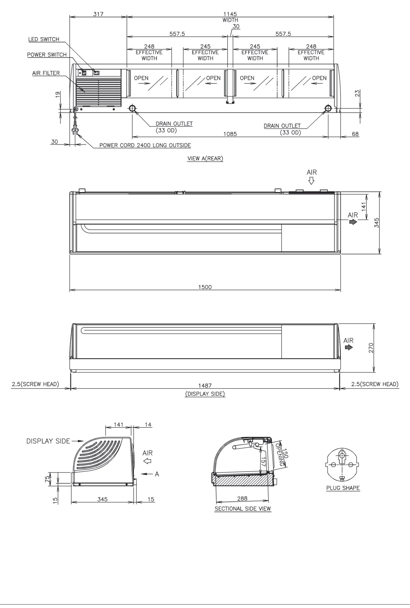 Sushi-Schauvitrine HOSHIZAKI HNC-150BE-R-BLH, 1500 mm breit, LED, Maschinenfach rechts