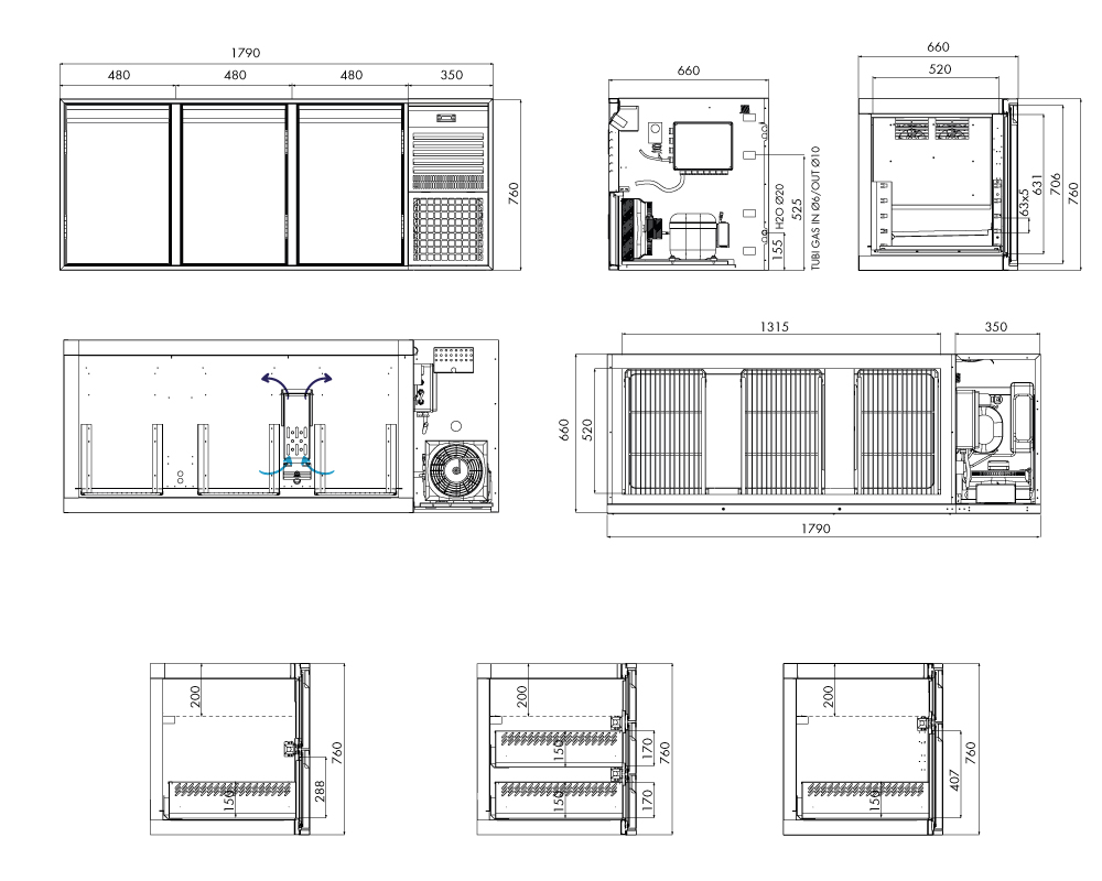 Saladette GN Premium, 3 Türen, H 750 mm, steckerfertig – technische Zeichnung