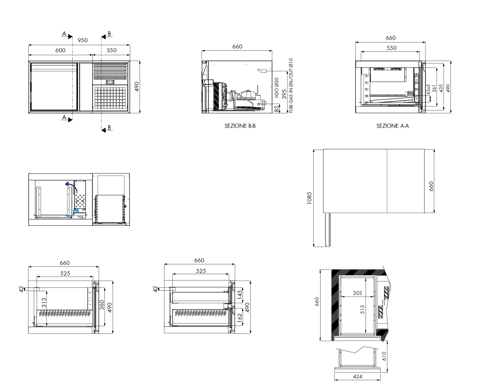 Tiefkühlunterbau GN Premium, 1 Tür, H 490 mm, steckerfertig – technische Zeichnung