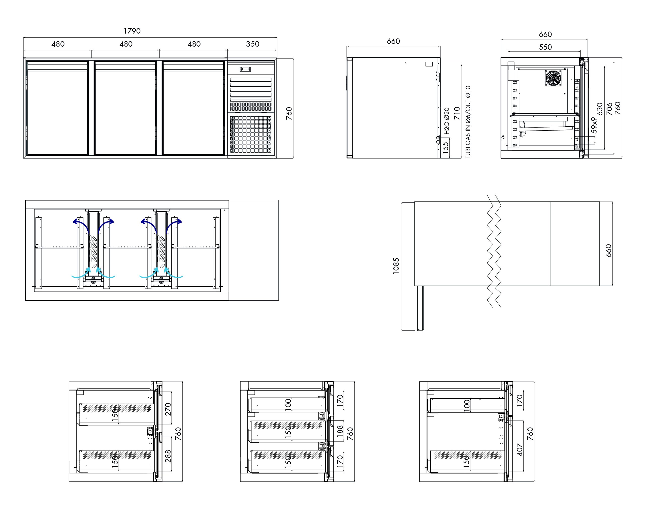 Tiefkühlunterbau GN Premium, 3 Türen, H 760 mm, steckerfertig – technische Zeichnung