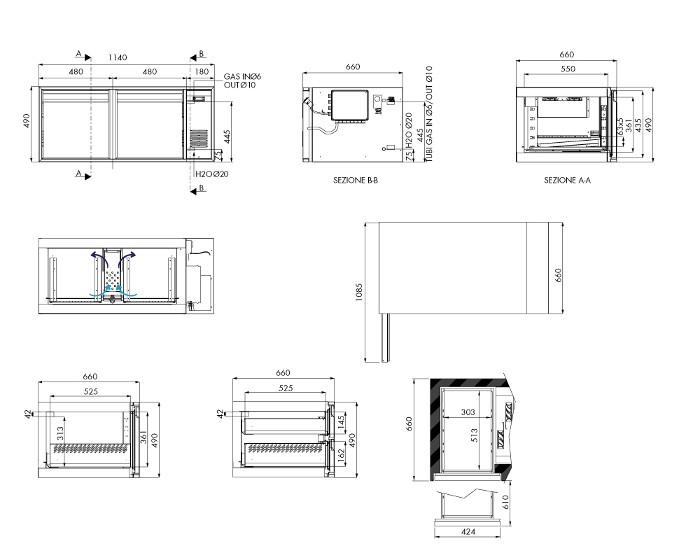 Tiefkühlunterbau GN Premium, 2 Türen, H 490 mm, zentralgekühlt – technische Zeichnung