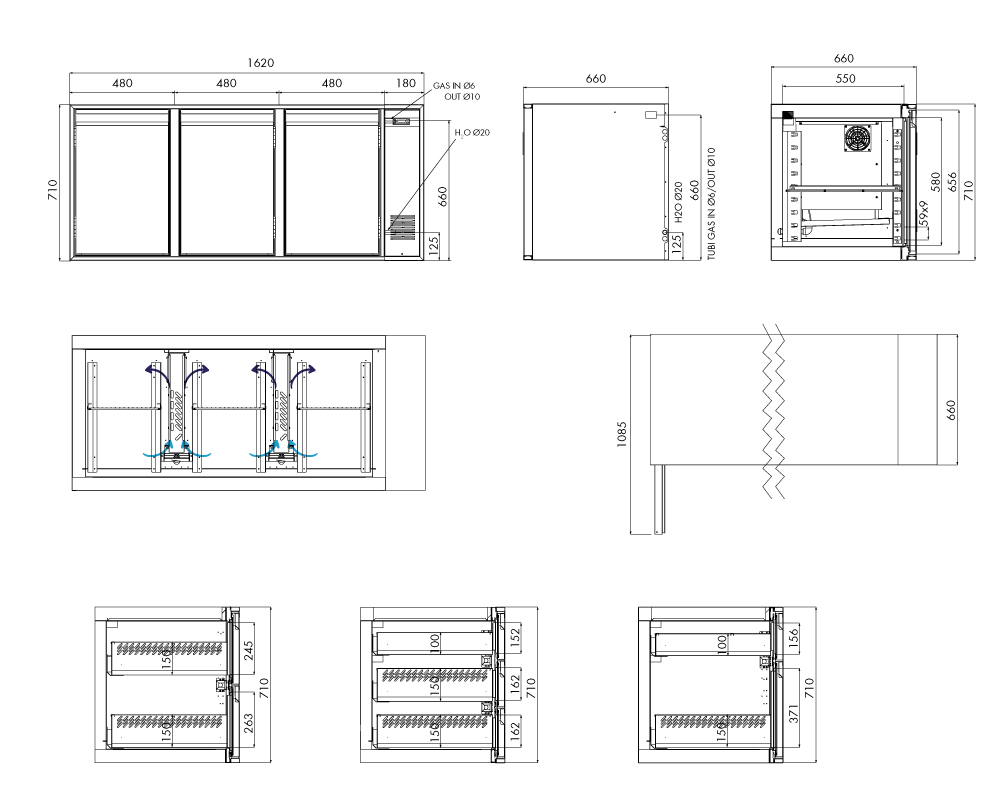 Tiefkühlunterbau GN Premium, 3 Türen, H 710 mm, zentralgekühlt – technische Zeichnung
