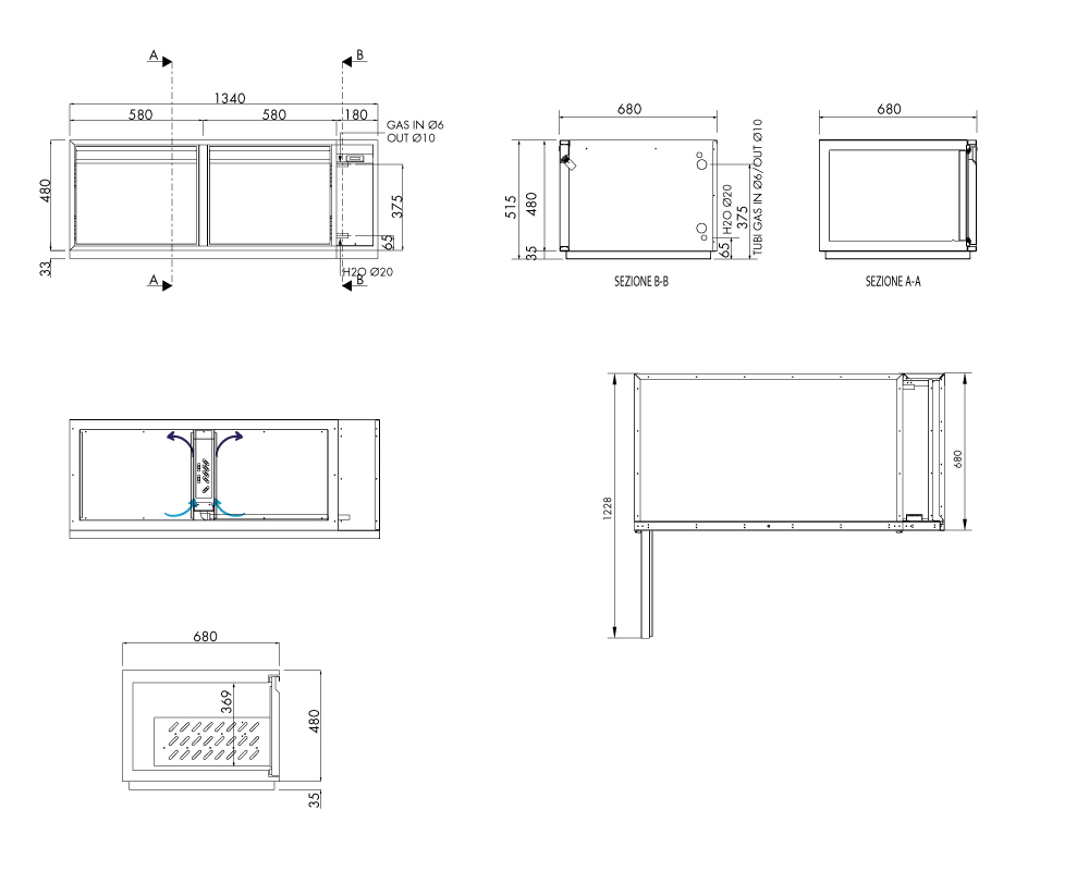 Getränkekühltisch AT, 2 Türen, H 480 × T 680 mm, zentralgekühlt – technische Zeichnung