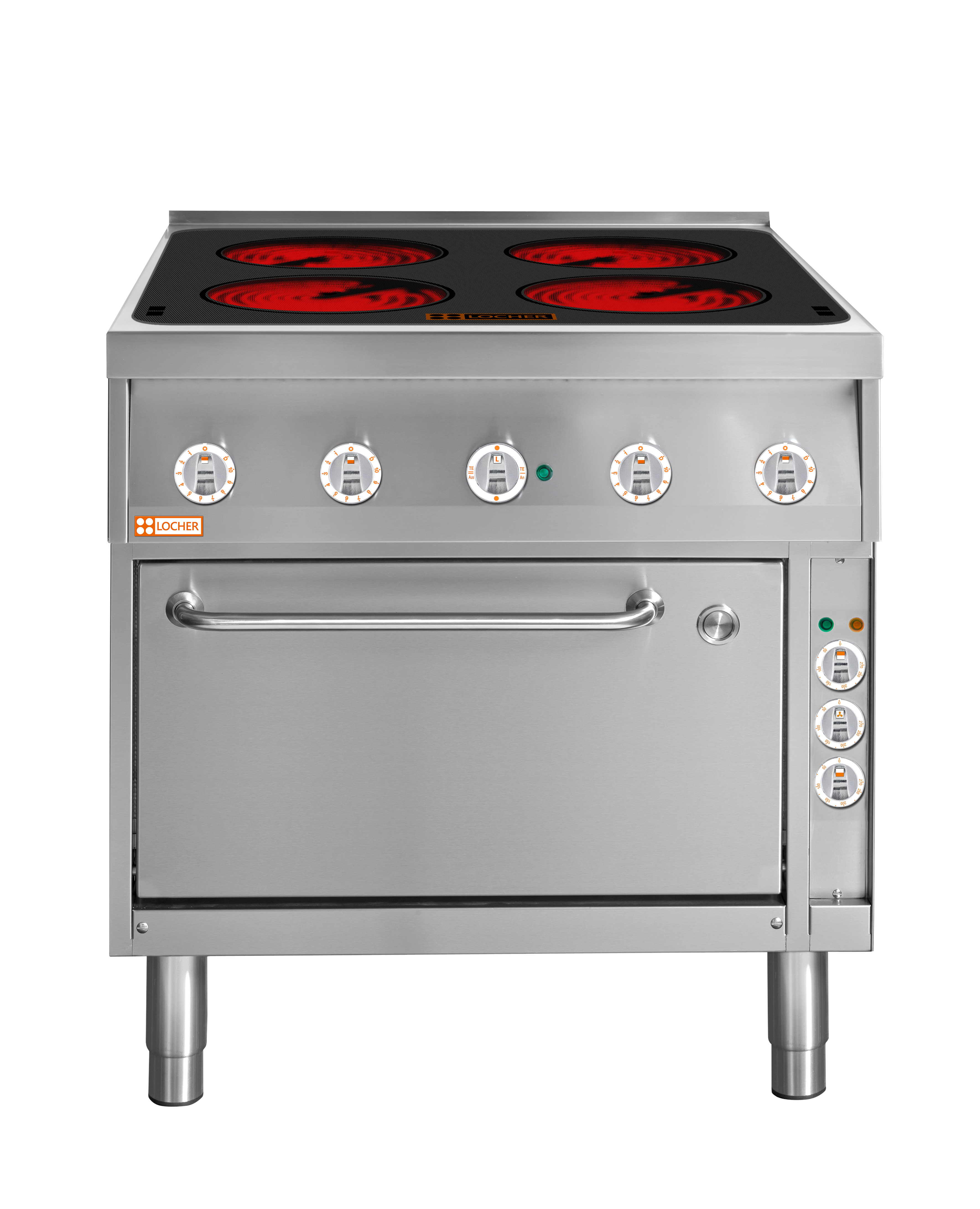 Locher Elektroherd Stand 700, 4 Kochstellen à 3 kW Strahlheizkörper mit Topferkennung und Brat- und Backofen GN 1/1+