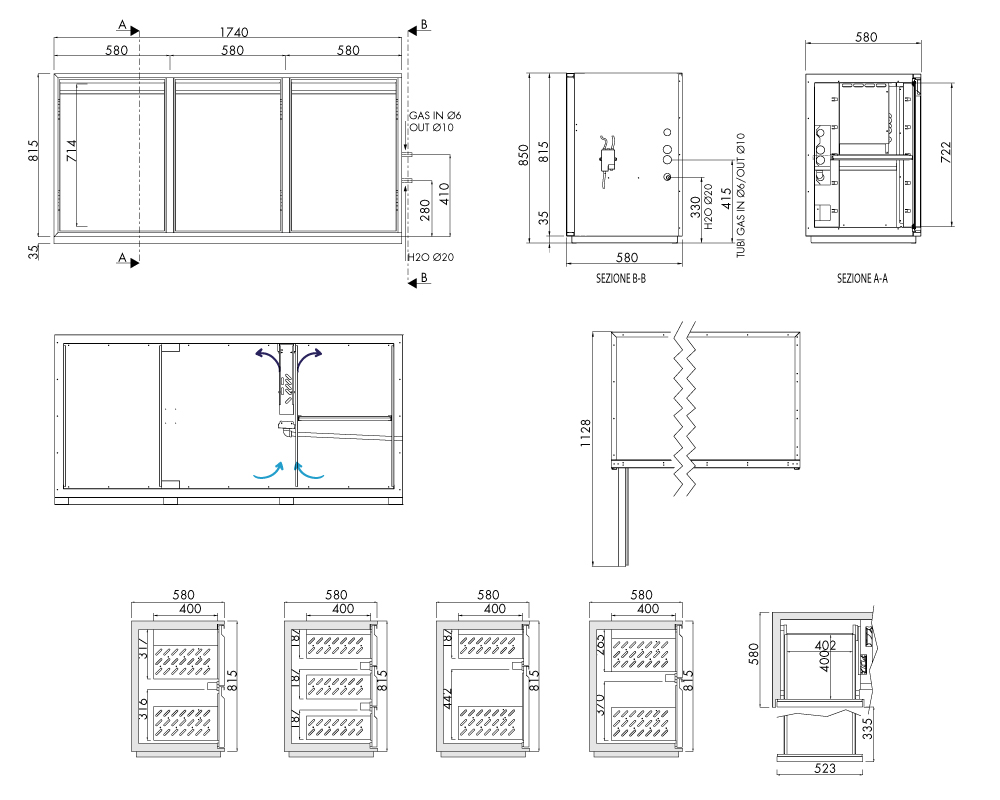 Getränkekühltisch AT, 3 Türen, H 815 × T 580 mm, ohne I-Fach – technische Zeichnung