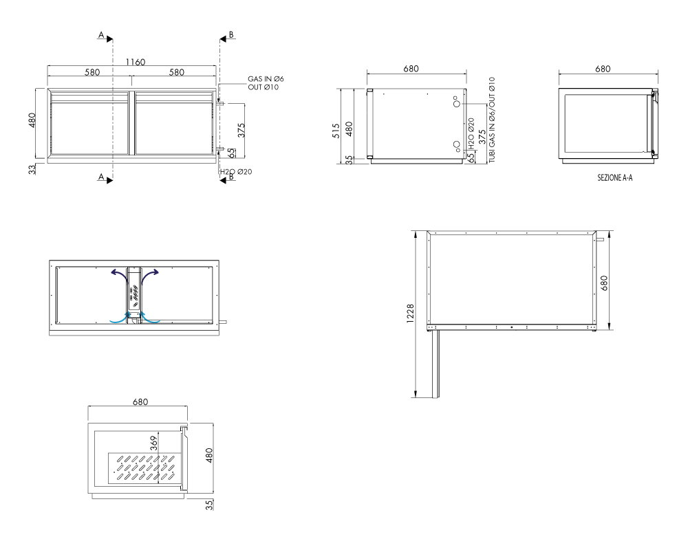 Getränkekühltisch AT, 2 Türen, H 480 × T 680 mm, ohne I-Fach – technische Zeichnung