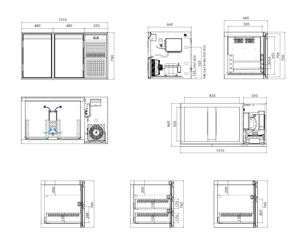 Saladette GN Premium, 2 Türen, H 750 mm, steckerfertig – technische Zeichnung