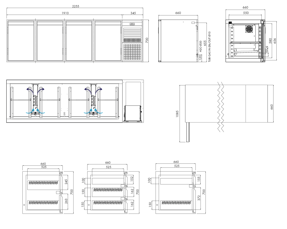 Tiefkühlunterbau GN Premium, 4 Türen, H 700 mm, steckerfertig – technische Zeichnung