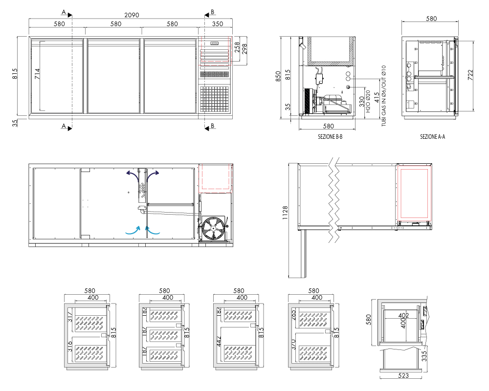 Getränkekühltisch AT, 3 Türen, H 815 × T 580 mm, steckerfertig, mit Flaschenkühlwanne FK6 (460 × 340 × 300 mm) mitgesteuert – technische Zeichnung