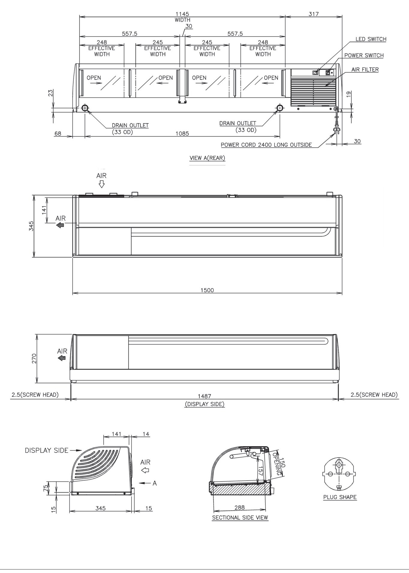 Sushi-Schauvitrine HOSHIZAKI HNC-150BE-L-BLH, 1500 mm breit, LED, Maschinenfach links